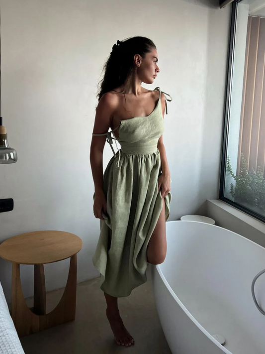 Victoria - Vestido de playa de algodón/lino: estilo vintage