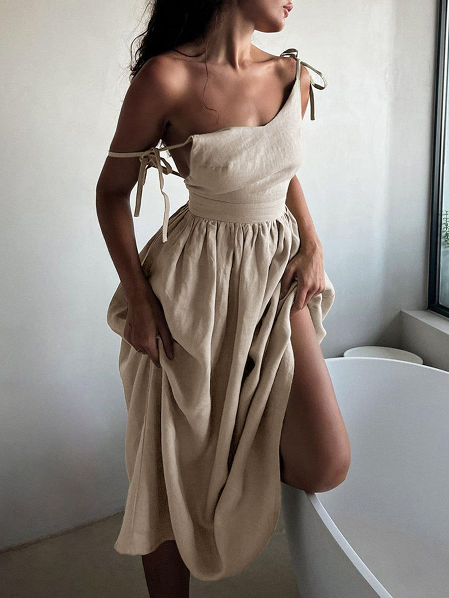 Victoria - Vestido de playa de algodón/lino: estilo vintage