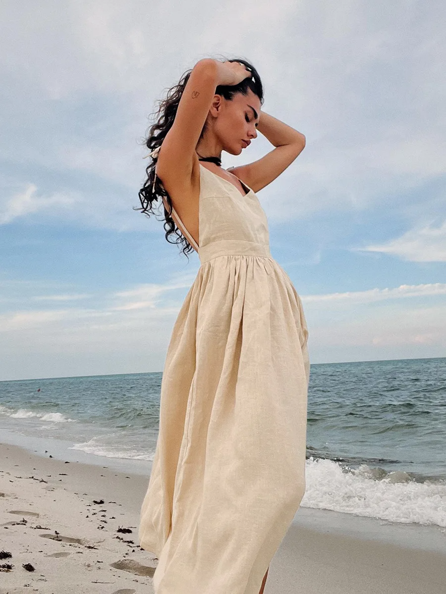 Victoria - Vestido de playa de algodón/lino: estilo vintage