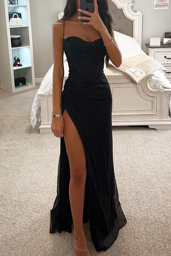Mia - Ocasión romántica Lentejuelas Cuello redondo Corsé Abertura Maxi Vestido