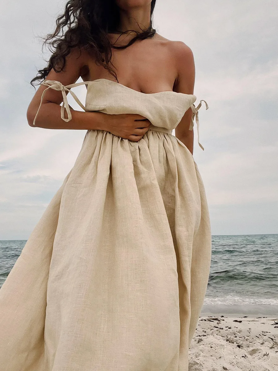 Victoria - Vestido de playa de algodón/lino: estilo vintage