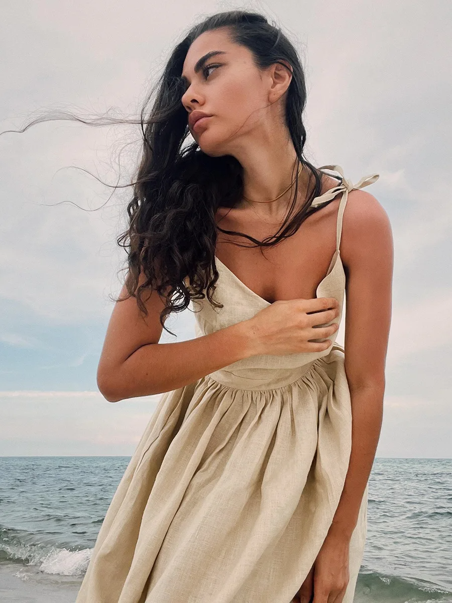 Victoria - Vestido de playa de algodón/lino: estilo vintage