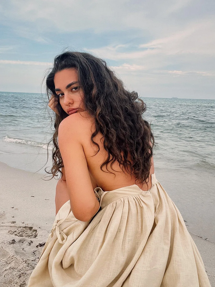 Victoria - Vestido de playa de algodón/lino: estilo vintage