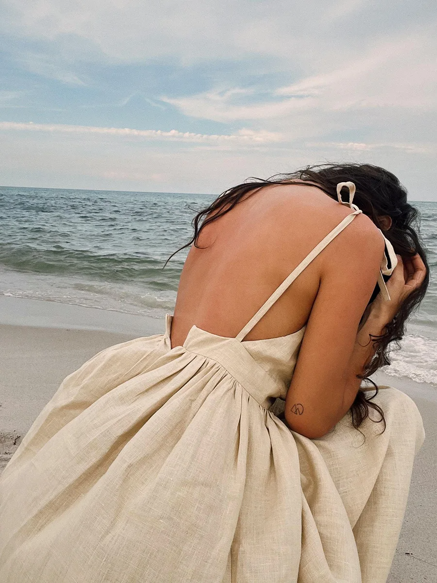 Victoria - Vestido de playa de algodón/lino: estilo vintage