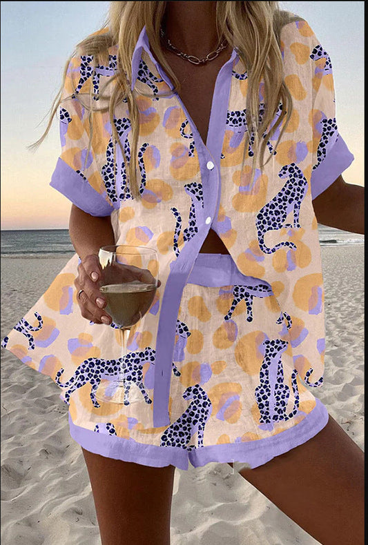 Olivia™ | Conjunto corto de lino con estampado de leopardo