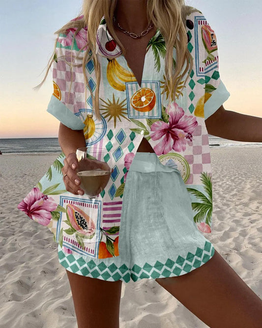 Melisa™ | Conjunto corto de lino con estampado de frutas