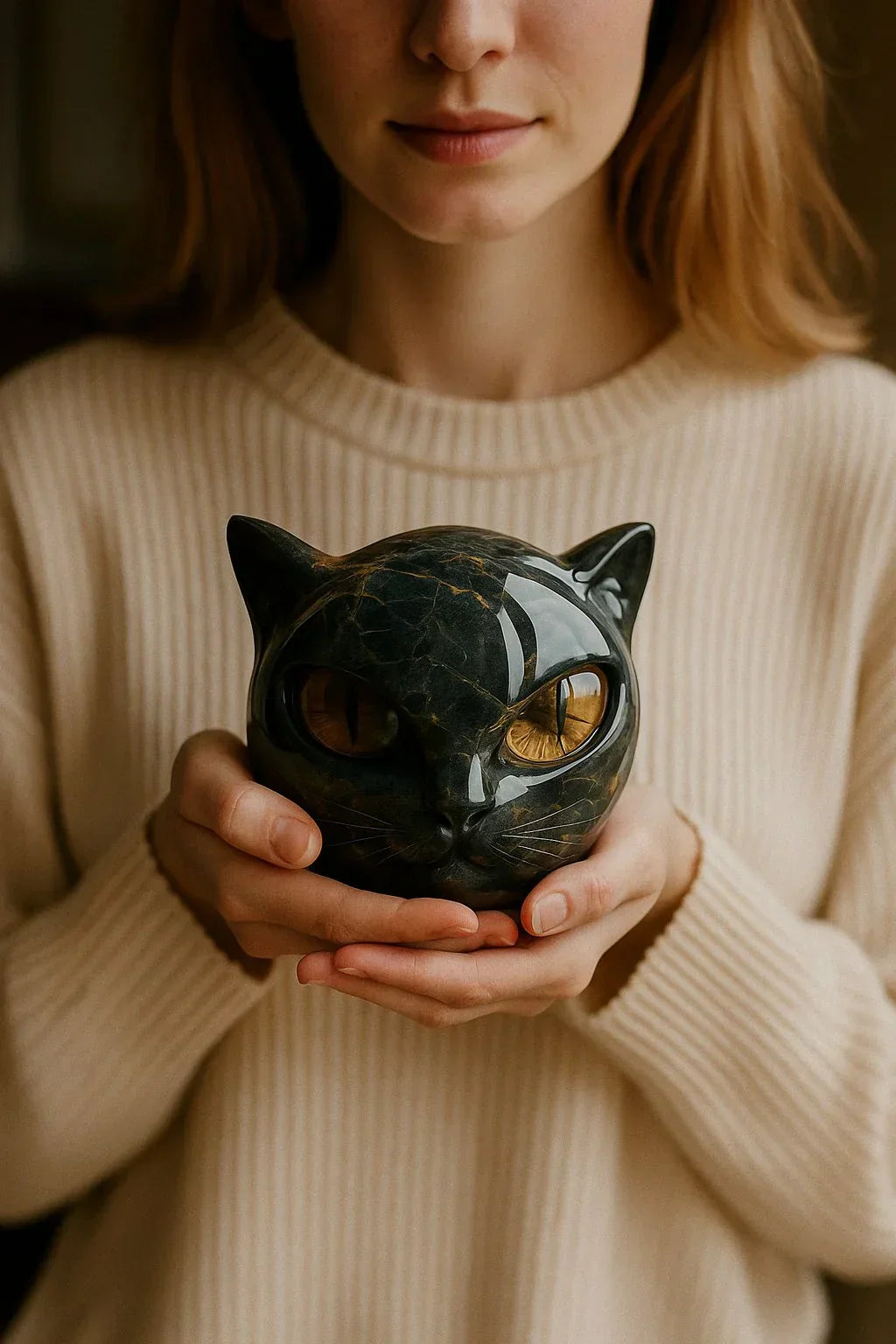 LynxAura - Escultura de cabeza de gato negro místico
