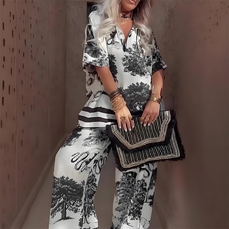 Top estampado con cuello en V + pantalones largos: estilo elegante y ligero para el verano.